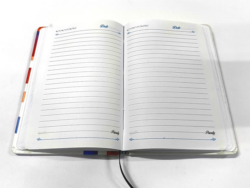 Opened diary showing two-colour printed ruled pages.