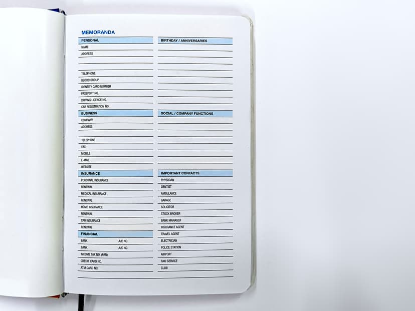 Detailed Memoranda page with sections for personal, business, and financial information.