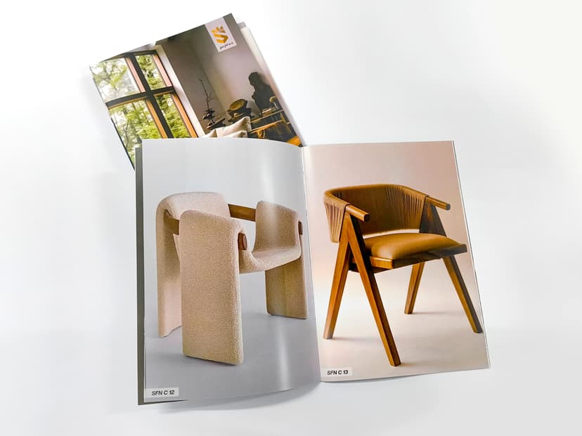 Close-up of a catalogue spread highlighting print detail.