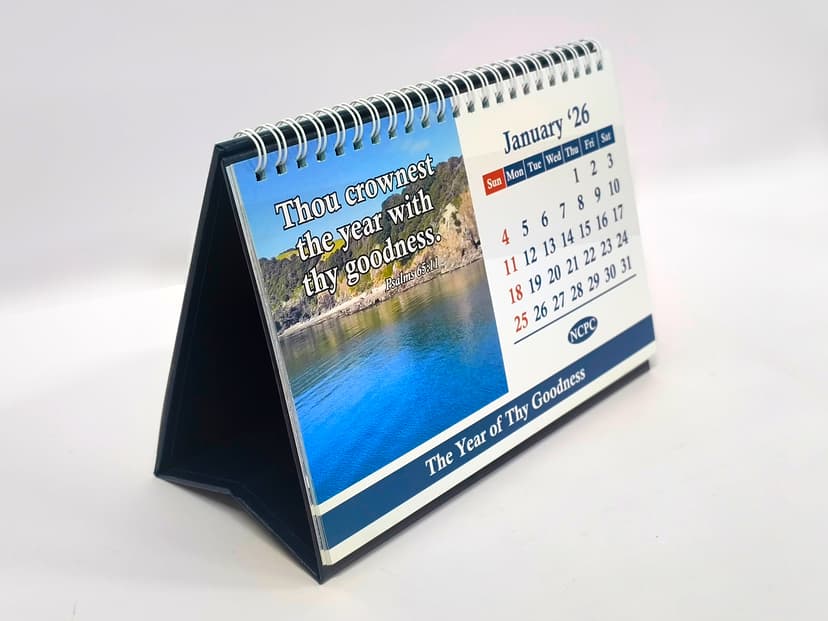 January 2026 calendar page showing double-sided color printing with a scenic image.