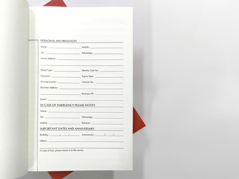 Close-up of the Personal Information and Emergency contact page inside the diary.