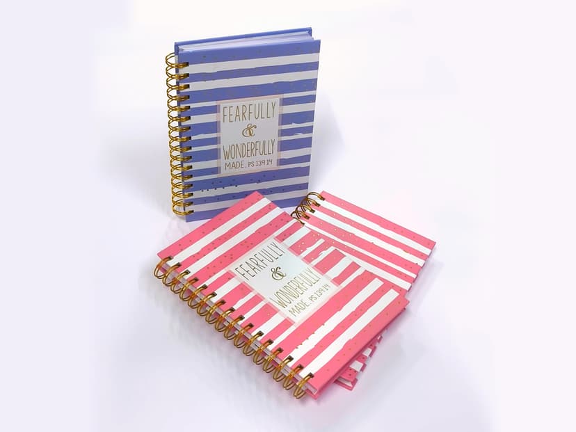 Stacked premium hardcase journals in blue and pink with gold wire-o binding.